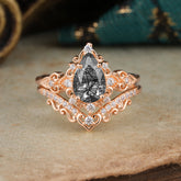 Luxury 4 Prong Pear Cut Black Rutilated Quartz Stackable Ring Set